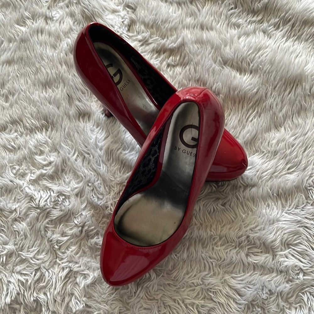 Guess red pleather platform heels
